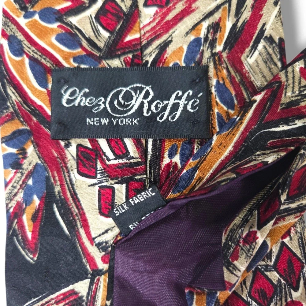 Chez‎ Roffe Silk Necktie Abstract Art Print Black Burgundy Gold Blue Vintage OS